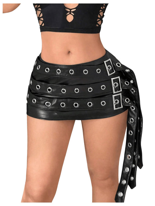 BEAUDRM Women's Y2K Low Waist Grommet Eyelet Mini Skirt Sexy PU Leather Zip Up Bodycon Skirt Black Small