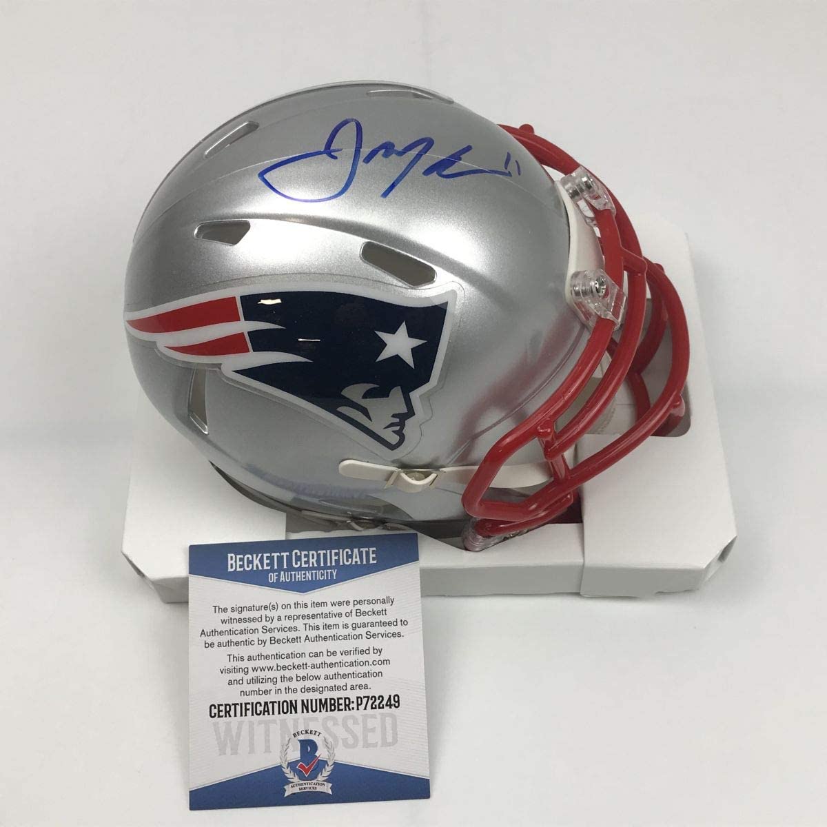 Autographed/Signed Julian Edelman New England Patriots Football Mini Helmet Beckett BAS COA