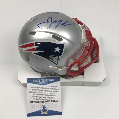 Autographed/Signed Julian Edelman New England Patriots Football Mini Helmet Beckett BAS COA