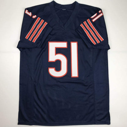 Autographed/Signed Dick Butkus HOF 79 Chicago Blue Football Jersey Beckett BAS COA