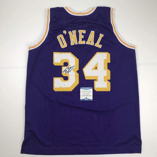 Autographed/Signed Shaquille Shaq O'Neal Los Angeles LA Purple Basketball Jersey Beckett BAS COA