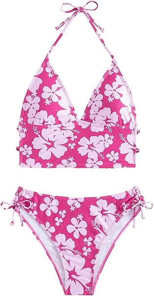 Floerns Women's 2 Piece Floral Print Halter Tie Back Crop Top and Bottoms Bikini Set