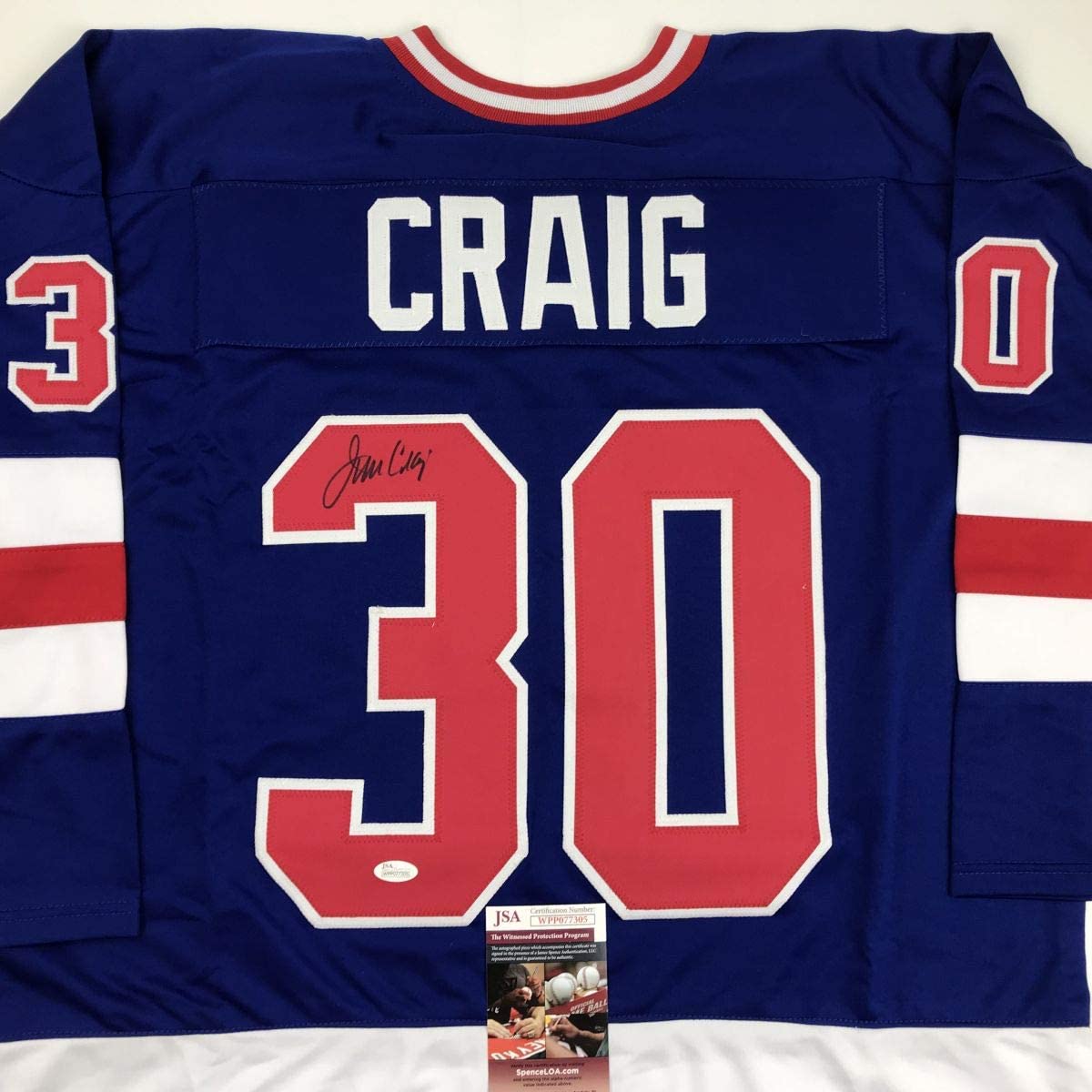 Autographed/Signed Jim Craig Blue Team USA Miracle On Ice 1980 Olympics Hockey Jersey JSA COA
