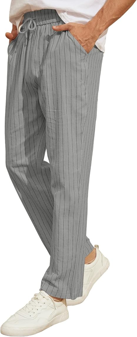 iWoo Mens Cotton Linen Drawstring Pants Elastic Waist Casual Jogger Yoga Pants