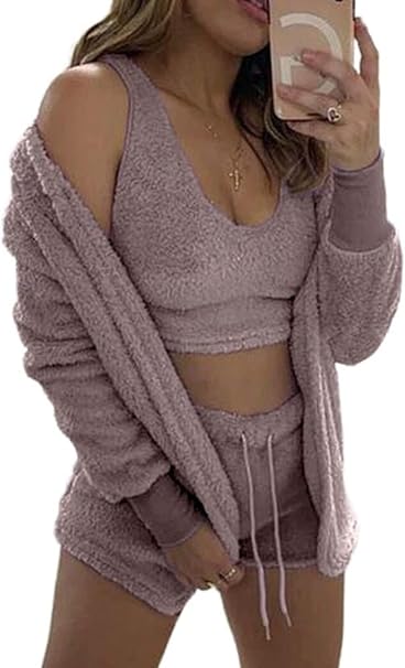 Vakkest Women's Sexy 3 Piece Pajamas Outfit Fuzzy Fleece Warm Sherpa Coat Jacket Outwear Spaghetti Strap Crop Top Shorts Set