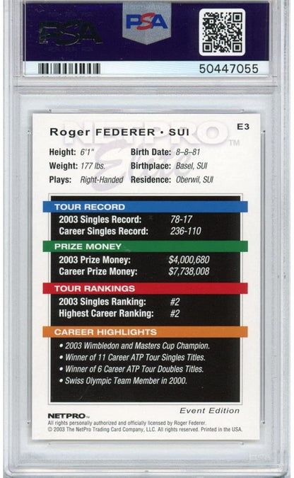 Graded 2003 Netpro Elite Roger Federer #E3 Event Edition White Shirt Rookie RC Tennis Card PSA 10 Gem Mint