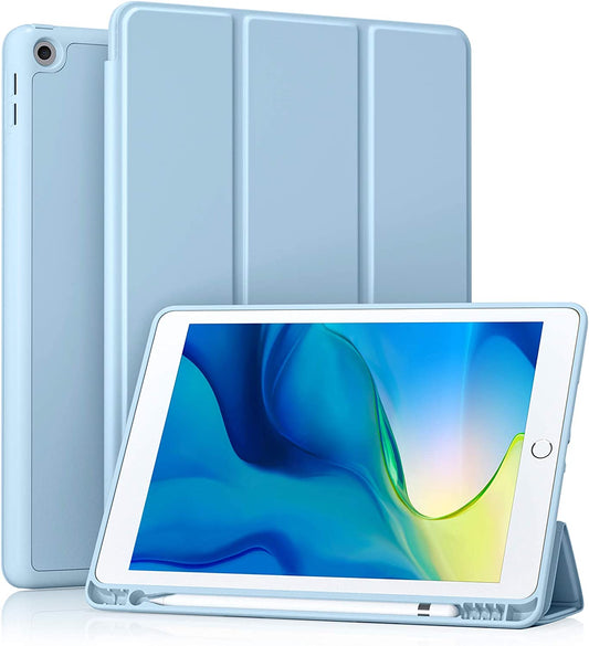 Akkerds Case Compatible with iPad 10.2 Inch 2021/2020 iPad 9th/8th Generation & 2019 iPad 7th Generation with Pencil Holder, Protective Case with Soft TPU Back, Auto Sleep/Wake Cover, Sky Blue