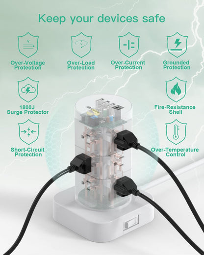 Surge Protector Power Strip Tower, 12 Widely Outlets 4 USB Ports (1 USB C) 6ft