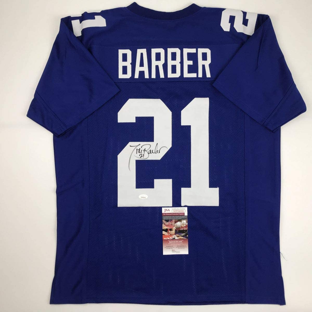Autographed/Signed Tiki Barber New York Blue Football Jersey JSA COA