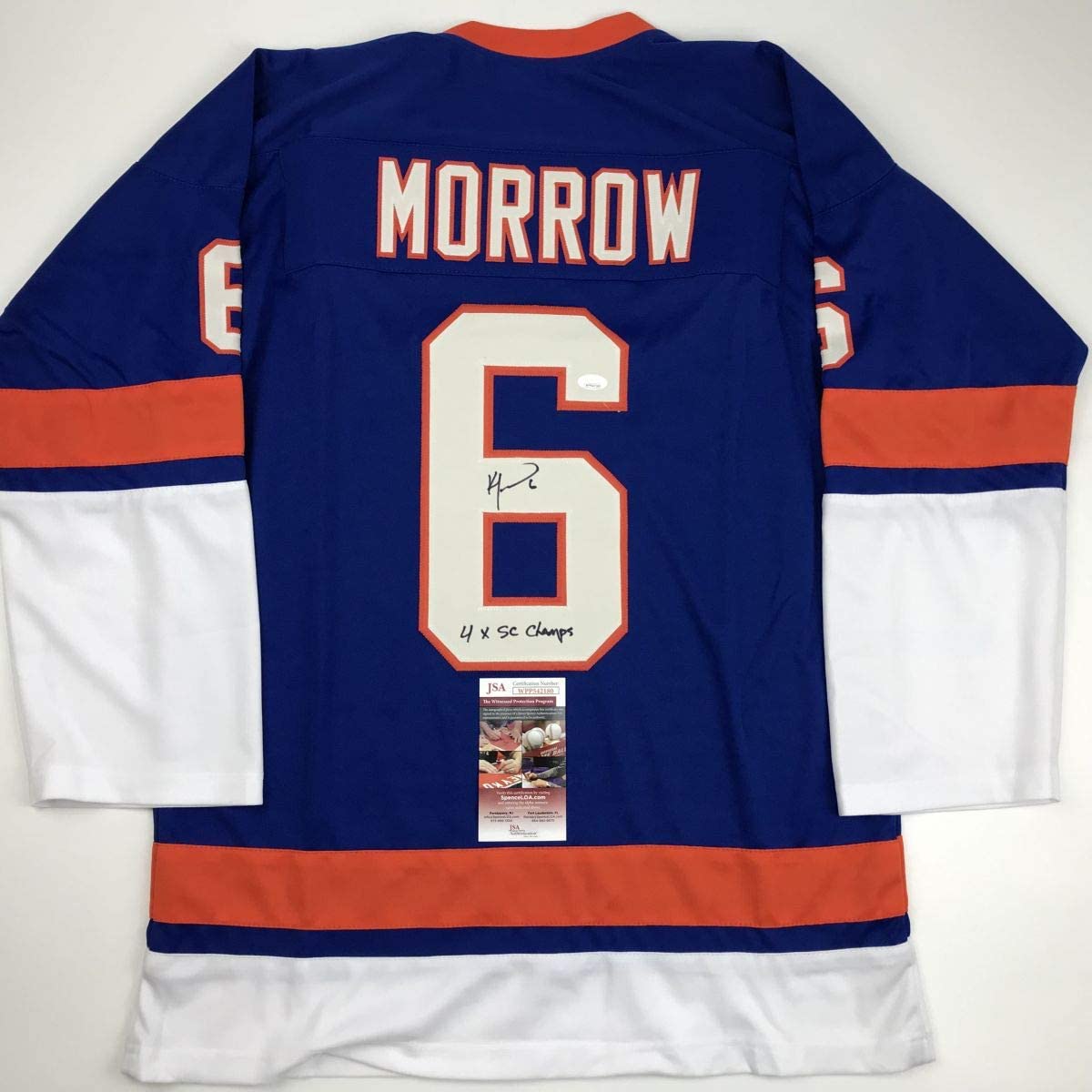 Autographed/Signed Ken Morrow 4x SC Champs New York Blue Hockey Jersey JSA COA