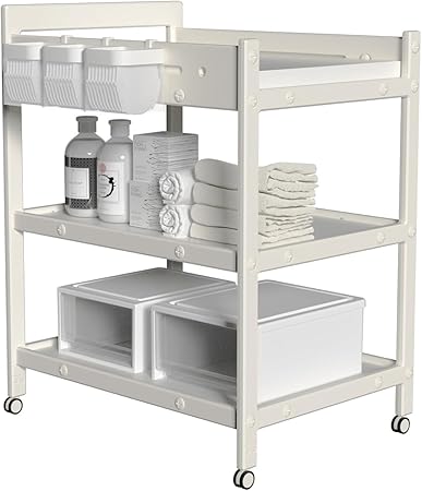 Baby Changing Table with Waterproof pad, Diaper Changing Station with Wheels, Portable Mobile Nursery Organizer for Newborn and Infant, Features Large Storage and Shelf, Beige