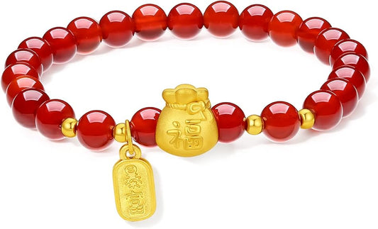 24K Gold Lucky Charm Bracelet Red Agate Beaded Bracelets Blessing Charms Stretch Link Adjustable Beads Chain Protection Healing Stone Good Luck Jewelry Stackable Bangle Fu Fortune Bag Feng Shui Gift