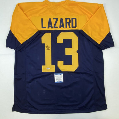 Autographed/Signed Allen Lazard Green Bay Retro Blue Football Jersey Beckett BAS COA