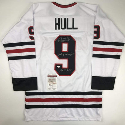 Autographed/Signed Bobby Hull The Golden Jet HOF 1983 Chicago White Hockey Jersey JSA COA