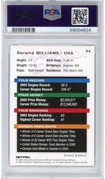 Graded 2003 Netpro Elite Serena Williams #S4 Event Starter Rookie RC Tennis Card PSA 10 Gem Mint