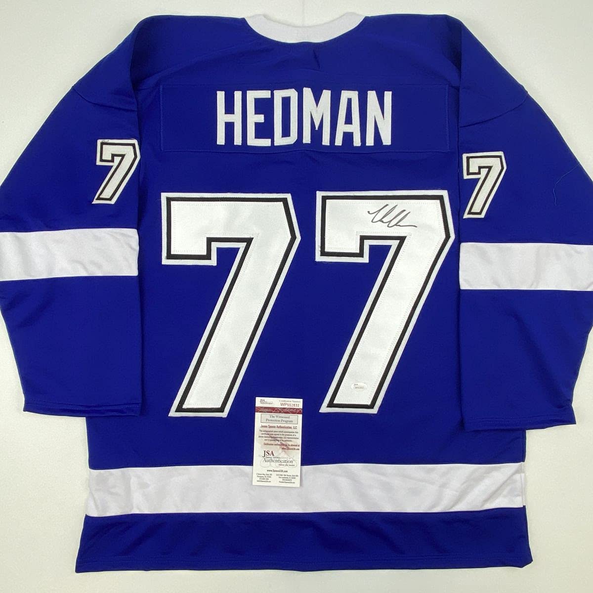 Autographed/Signed Victor Hedman Tampa Bay Blue Hockey Jersey JSA COA