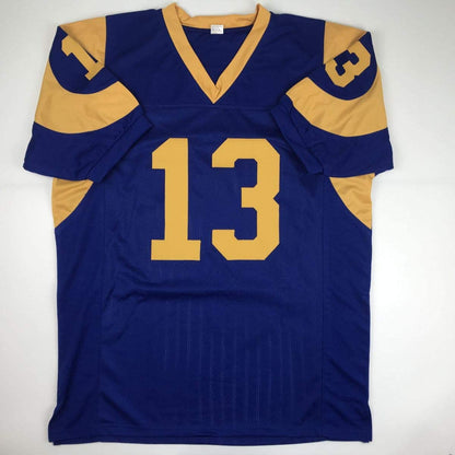 Autographed/Signed Kurt Warner St. Louis Blue Football Jersey JSA COA