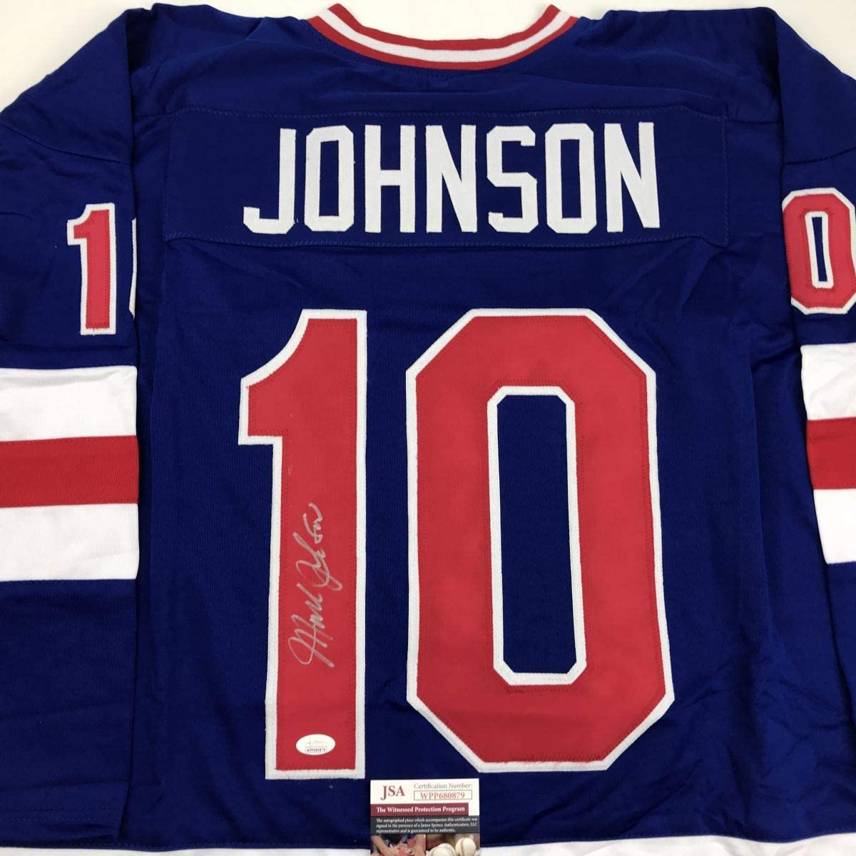 Autographed/Signed Mark Johnson Blue Team USA Miracle On Ice 1980 Olympics Hockey Jersey JSA COA