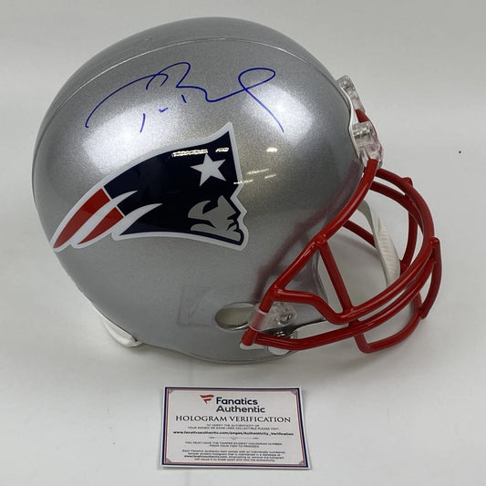 Autographed/Signed Tom Brady New England Patriots Full Size FS F/S Replica Football Helmet Fanatics COA