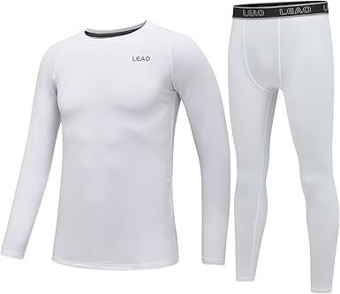 LEAO Youth Boys Compression Thermal Quick Dry Long Sleeve Baselayer Soccer Baseball Undershirt and Pants White S