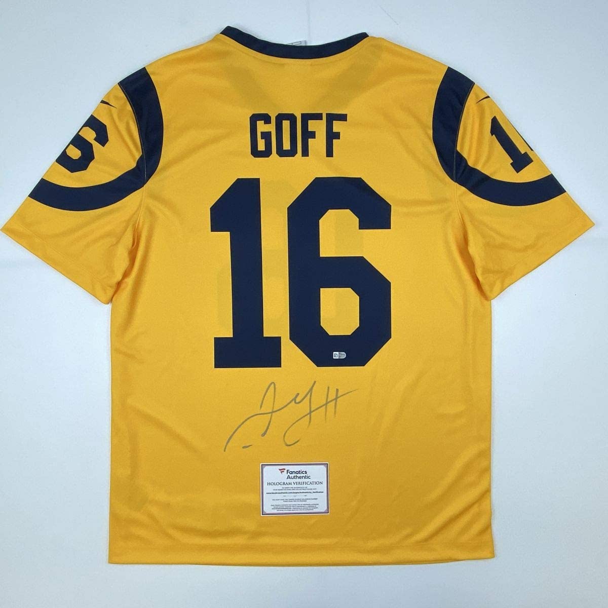 Autographed/Signed Jared Goff Los Angeles LA Yellow Color Rush Football Jersey Fanatics COA