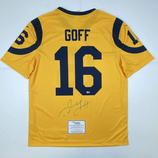 Autographed/Signed Jared Goff Los Angeles LA Yellow Color Rush Football Jersey Fanatics COA