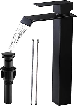 Vessel Sink Faucet, Black, Single Handle Tall Bathroom Faucets for Sink 1 Hole, Stainless Steel Waterfall Sink Faucet for Wash Basin with Drain
