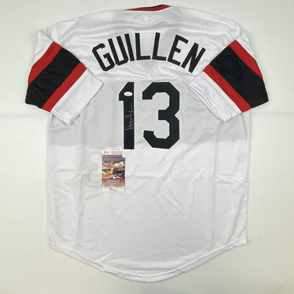 Autographed/Signed Ozzie Guillen Chicago Retro White Baseball Jersey JSA COA