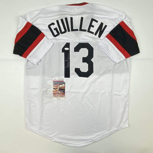 Autographed/Signed Ozzie Guillen Chicago Retro White Baseball Jersey JSA COA