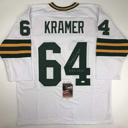 Autographed/Signed Jerry Kramer HOF 2018 Green Bay White Football Jersey JSA COA