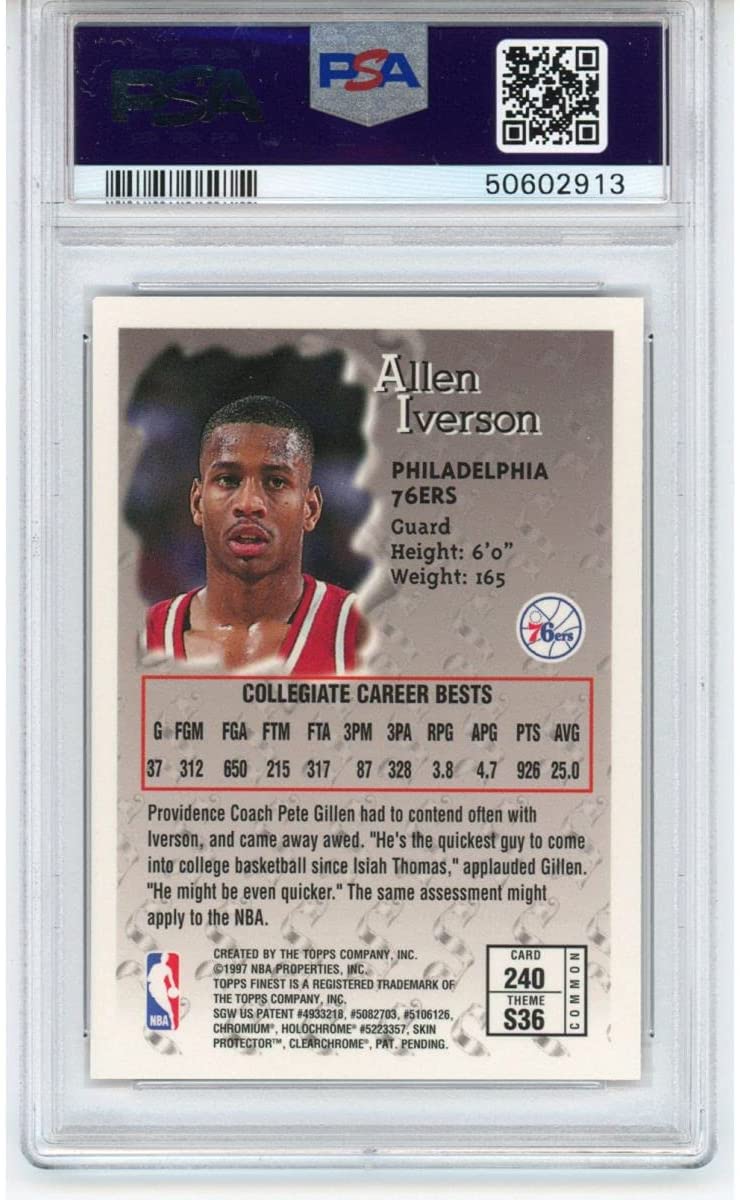 Graded 1996-97 Topps Finest Allen Iverson #240 Rookie RC Basketball Card PSA 10 Gem Mint