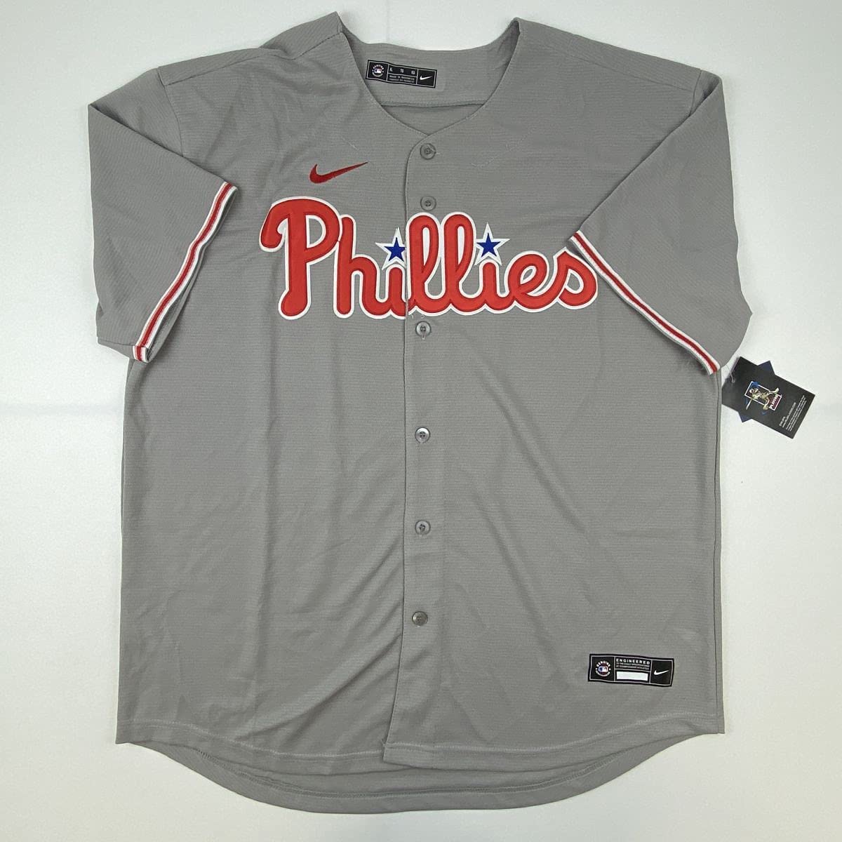 Autographed/Signed Rhys Hoskins Big Fella Philadelphia Grey Baseball Jersey Beckett BAS COA