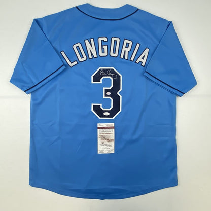 Autographed/Signed Evan Longoria Tampa Bay Light Blue Baseball Jersey JSA COA