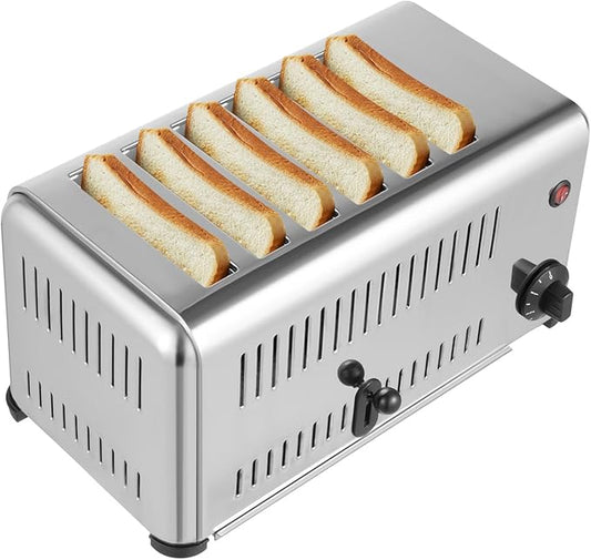 6 Slice Toaster with 5 Bread Shade Settings, Commercial Bread Baking Machine 1.1in Wide Slot, 1680W, 201 Stainless Steel, for Various Bread Types