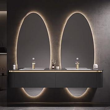 60IN Double Sink Bathroom Vanity - Modern Bathroom Cabinet with One-Touch Defogging & LED Light | 2 Large Round Mirrors, Business Bathroom Vanity (Black)