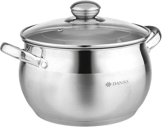 Daniks Classic Stainless Steel Stock Pot with Glass Lid | Induction 4 Quart | Dishwasher Safe Pot | Measuring Scale | Soup Pasta Stew Pot | Silver