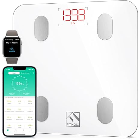 FITINDEX Smart Scale for Body Weight, Bluetooth Body Fat Scale with BMI, Muscle Mass, 13 Body Composition, Digital Bathroom Scale, 400lb - FSA HSA Eligible, White