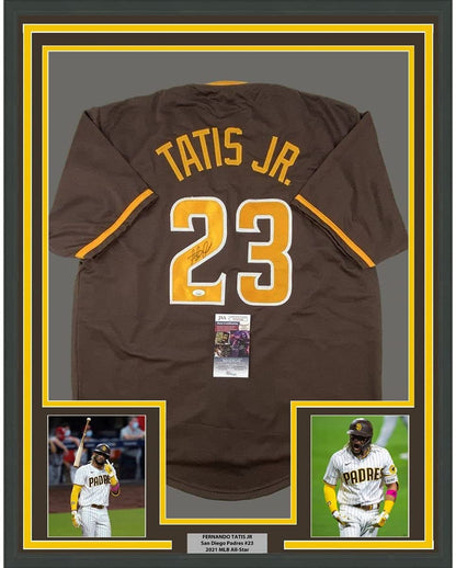 Framed Autographed/Signed Fernando Tatis Jr. 35x39 San Diego Brown Baseball Jersey JSA COA