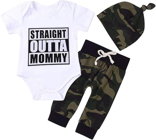 Cute 3pcs Newborn Baby Boys Letter Print Romper+Camouflage Pants+Hat Outfits Set