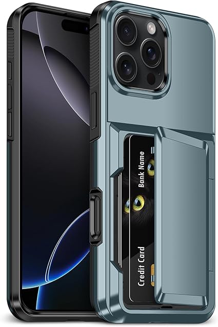 iPhone 16 Pro Max Case with Card Holder [Max 5 Cards] Heavy Duty Protective Shockproof Case Dual Layer Hidden Sliding Card Slot Wallet Case for iPhone 16 Pro Max Case for Men 6.9'' Blue