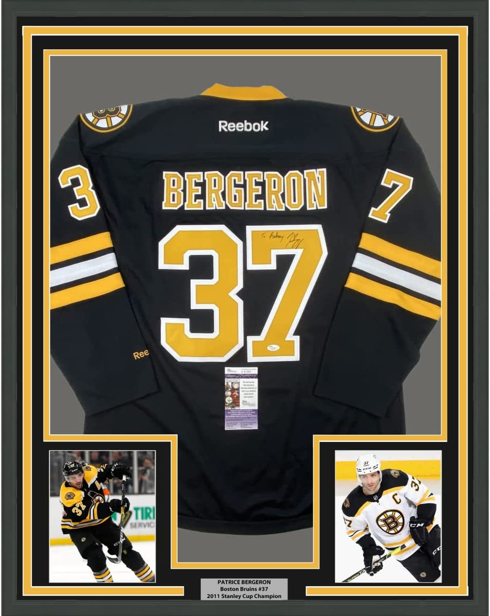 Framed Autographed/Signed Patrice 35x39 Bergeron Personalized To Anthony Boston Bruins Black Hockey Jersey JSA COA