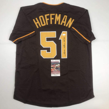 Autographed/Signed Trevor Hoffman HOF 18 San Diego Brown Baseball Jersey JSA COA