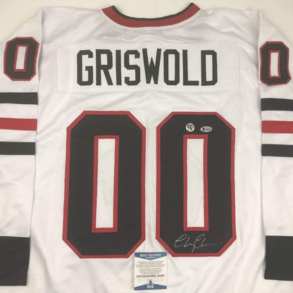 Autographed/Signed Chevy Chase Clark Griswold Christmas Vacation Movie Chicago White Hockey Jersey Beckett BAS COA
