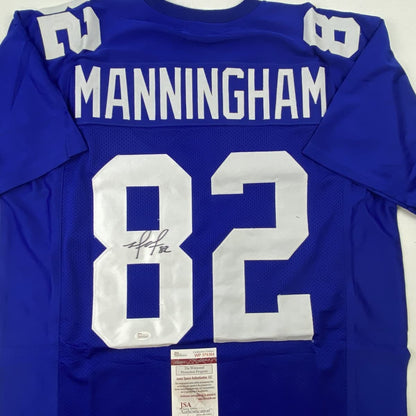 Autographed/Signed Mario Manningham New York Blue Football Jersey JSA COA