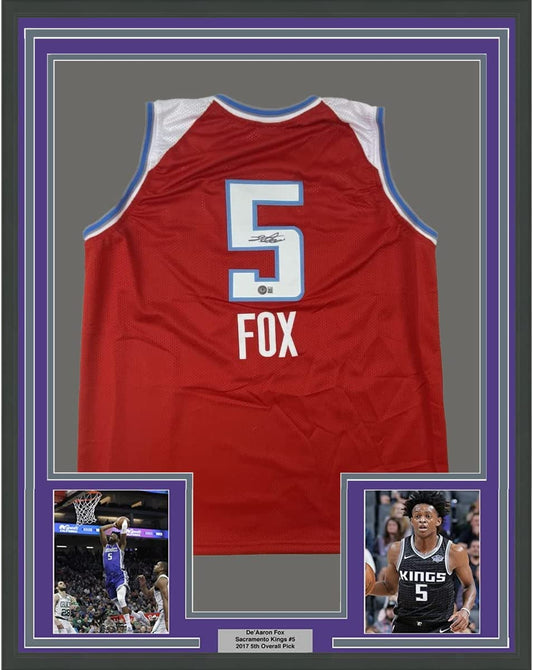 Framed Autographed/Signed De'Aaron Fox 35x39 Sacramento Red City Edition Basketball Jersey Beckett BAS COA