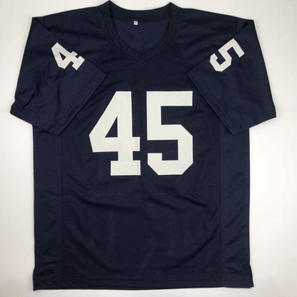 Autographed/Signed Rudy Ruettiger Never Quit Notre Dame Blue College Football Jersey JSA COA