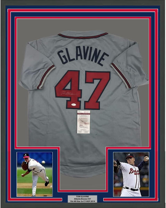 Framed Autographed/Signed Tom Glavine 35x39 Atlanta Grey Baseball Jersey JSA COA
