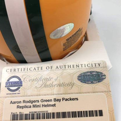 Autographed/Signed Aaron Rodgers Green Bay Packers Football Mini Helmet Steiner Sports COA