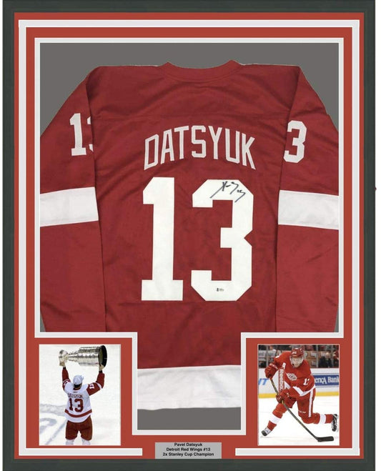 Framed Autographed/Signed Pavel Datsyuk 35x39 Detroit Red Hockey Jersey Beckett BAS COA Holo Only