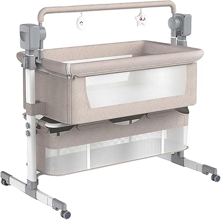 Baby Bedside Crib, Multifunctional Convertible Bassinet for Co-Sleeping, Infant Bedside Sleeper, Foldable Bedside Cot, Toddler Cradle with Bluetooth Music, 5 Swaying Gears, Remote Control (601-Khaki)